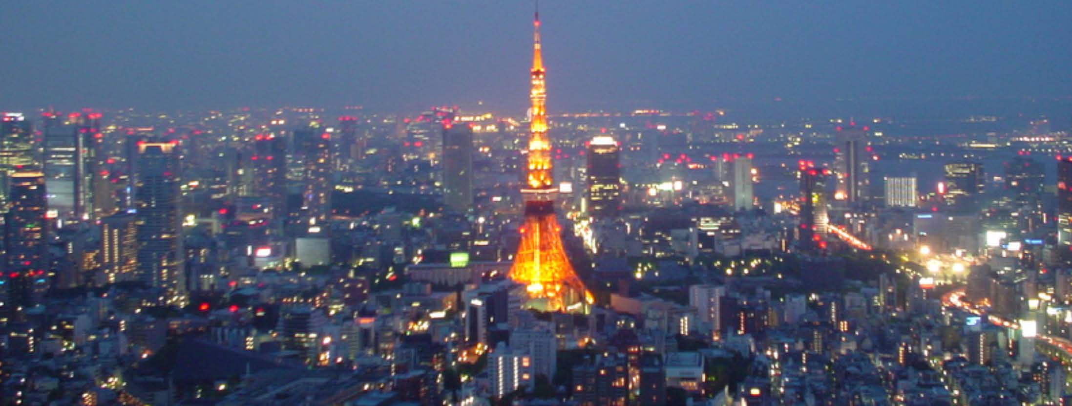 Tokyo at night, featuring the Tokyo Tower.